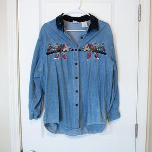Grandmacore Shirt 90s Christmas Denim Embroidered Bears 14/16W | Dark Autumn